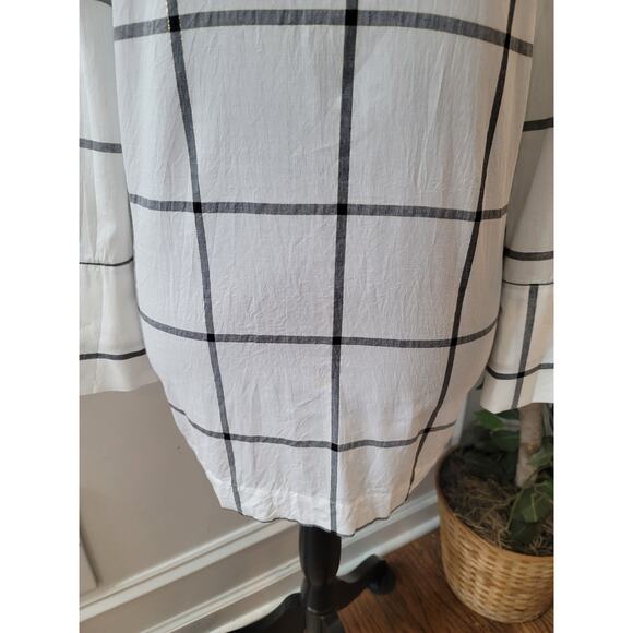 Liz Claiborne Blouse Women's Small White Black Windowpane Career Top Bell Sleeve - Picture 4 of 11